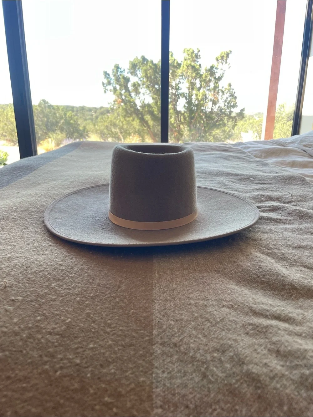 Janessa Leone Wide Brim Wool Hat, Taupe with leather band, Size Small